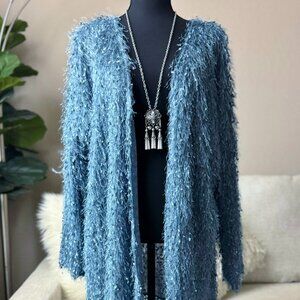 Angel Heart Womens SOFT Blue Fuzzy Fringe Cardigan Wrap Kimono 1XL Holidays